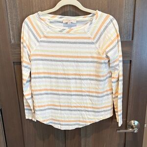 LOFT Striped Long-Sleeve Crewneck Top in Cream, Yellow, and Light Gray